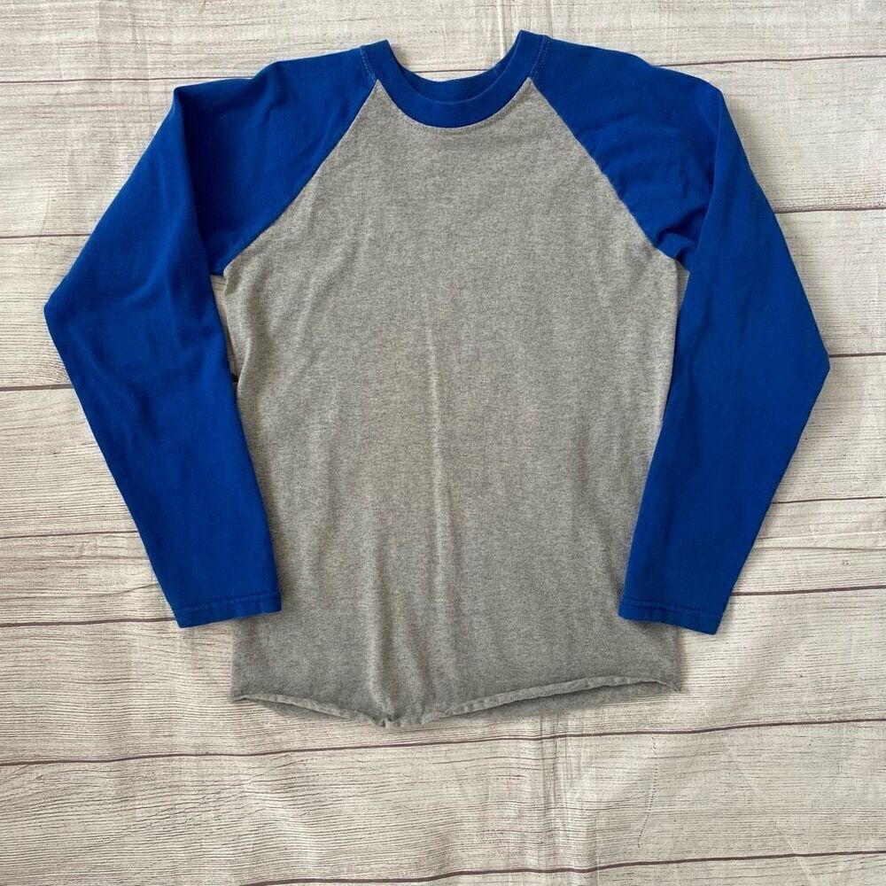 Fruit of the loom youth boys 6/7 crewneck longsleeve baseball shirt gray&blue 